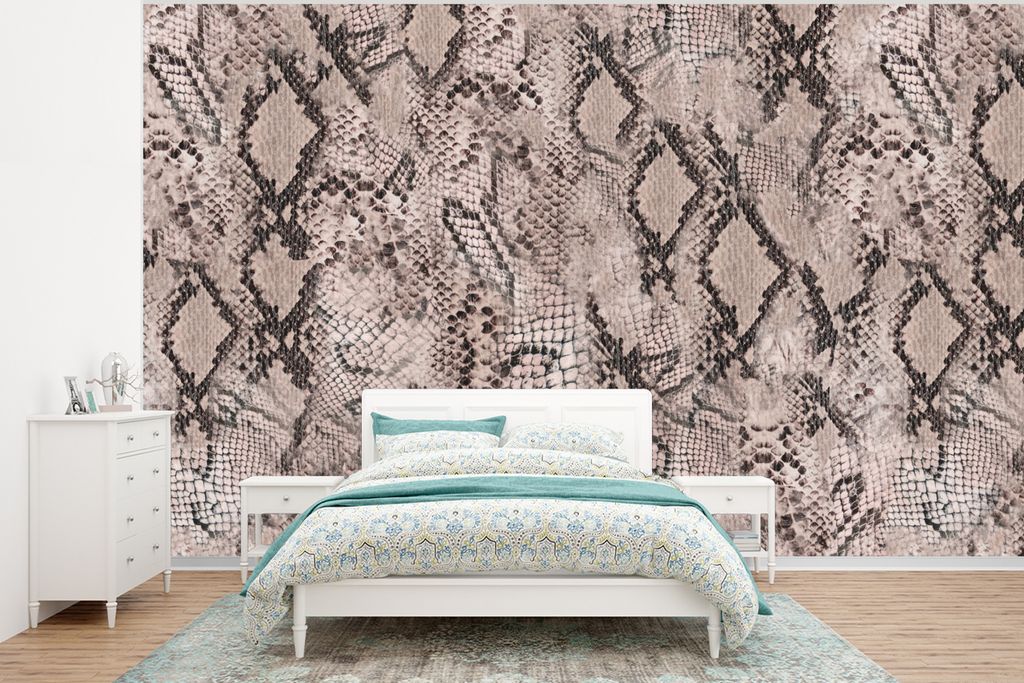 MuchoWow Fototapete für Wohnzimmer oder Schlafzimmer Wandtapete Vinyl Motivtapete Tiermuster - Schlange - Schwarz - Grau - 375x280 cm - Schlafzi...