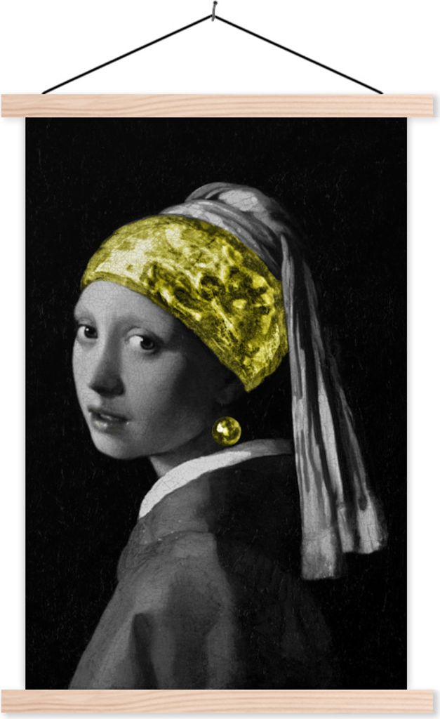 MuchoWow Textilposter Mädchen mit einem Perlenohrring - Johannes Vermeer - Gelb 120x180 cm mit holzfarbenen Rahmen - Textil-Plakat