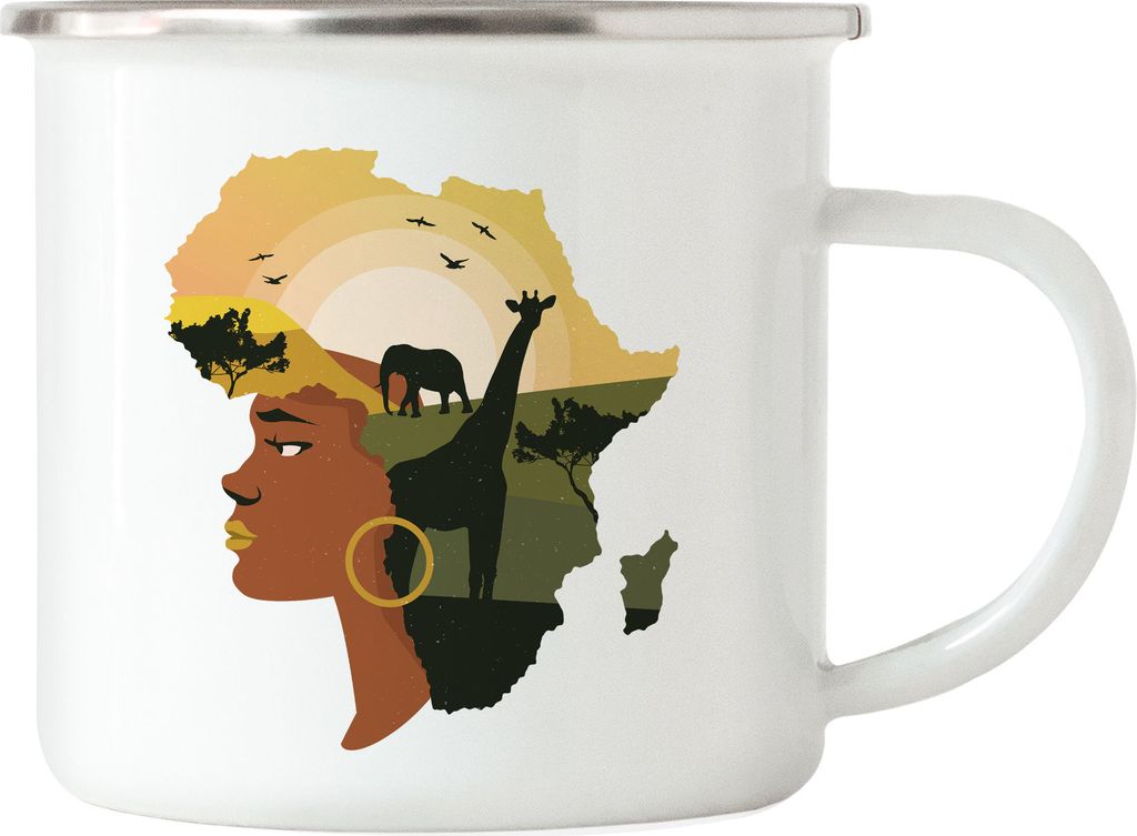 Afrikamotiv Emaille - Tasse Heimat Tiere Giraffen Wüste Geschenkidee Afrikanische Frau Kultur Heimatliebe Geschenk