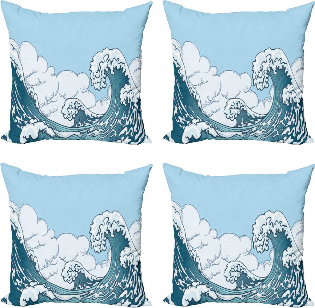 ABAKUHAUS japanische Welle Kissenbezug Set (4 Stück), Tsunami-Wellen-Szene, Moderner Doppelseitiger Digitaldruck, 40 cm x 40 cm, Baby Blue und Teal