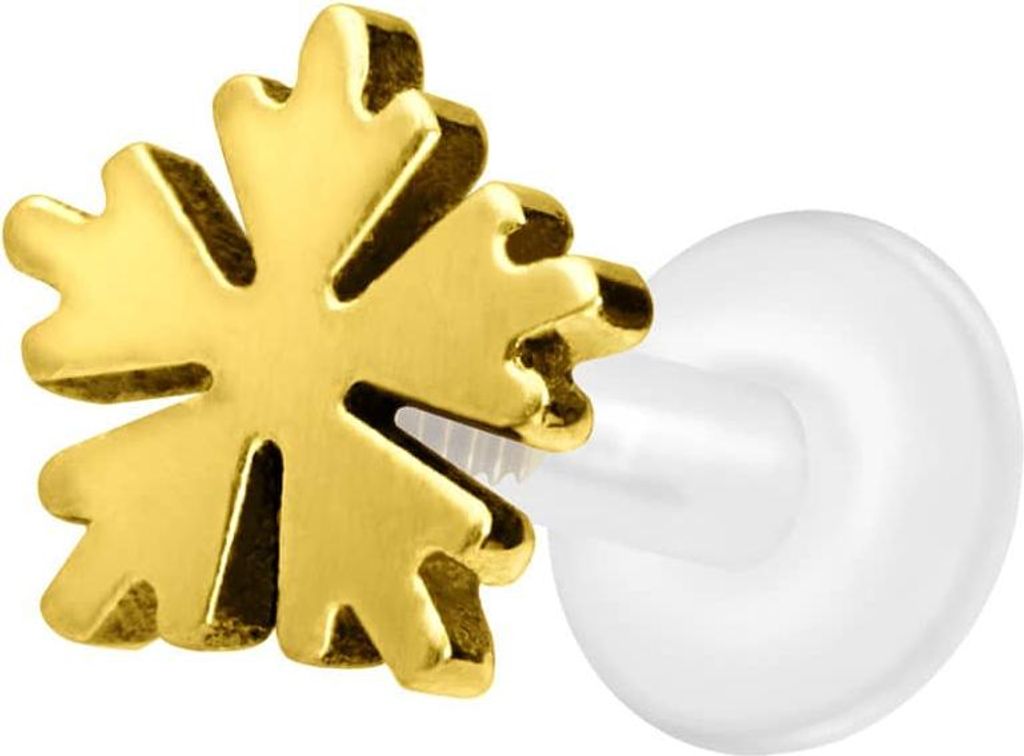 Ohrpiercing, Nasenpiercing PTFE Labret mit Innengewinde + Titan-Aufsatz SCHNEEFLOCKE Gold Stablänge: 7mm | Stabstärke: 1,6mm