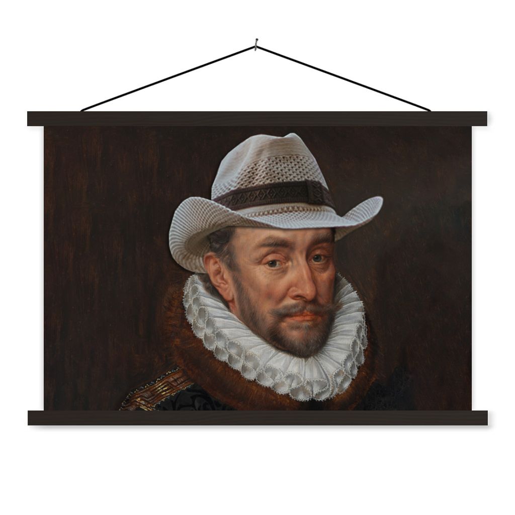 MuchoWow Textilposter Wilhelm von Oranien - Adriaen Thomasz - Cowboyhut 90x60 cm mit schwarzem Rahmen - Aufhängungssatz