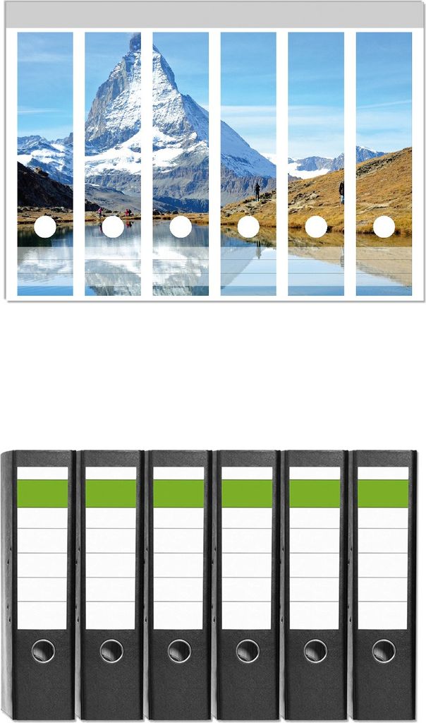 Wallario 6 Stück breite Ordner inkl. Klebeetiketten mit Motive Matterhorn - Spiegelung im See - Set mit Rückenschildern / Ordnerrücken Stickern