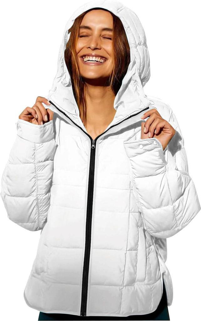 ASKSA Damen Steppjacke Leicht Kurz Kapuze Wintermantel Daunenjacke Jacke Laessig Outdoorjacke mit Taschen (Weiss,XXL)