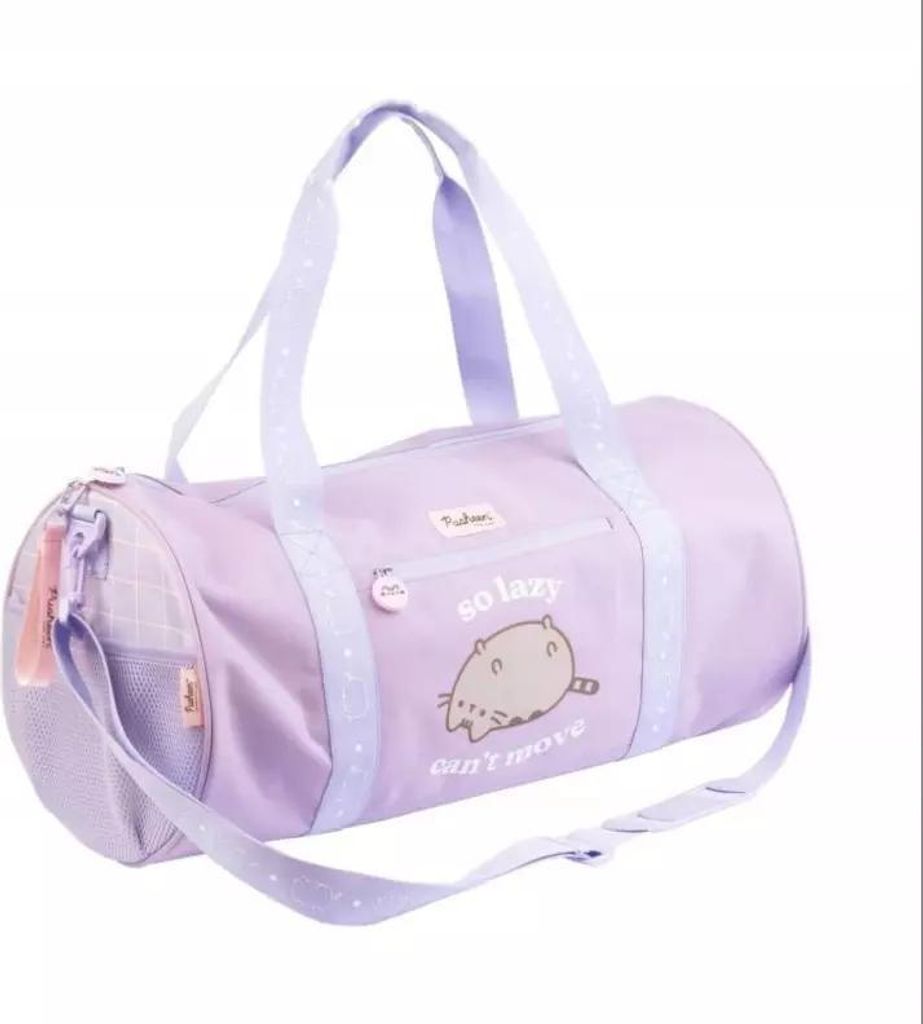 A purple duffel bag with a Pusheen cat graphic and text.