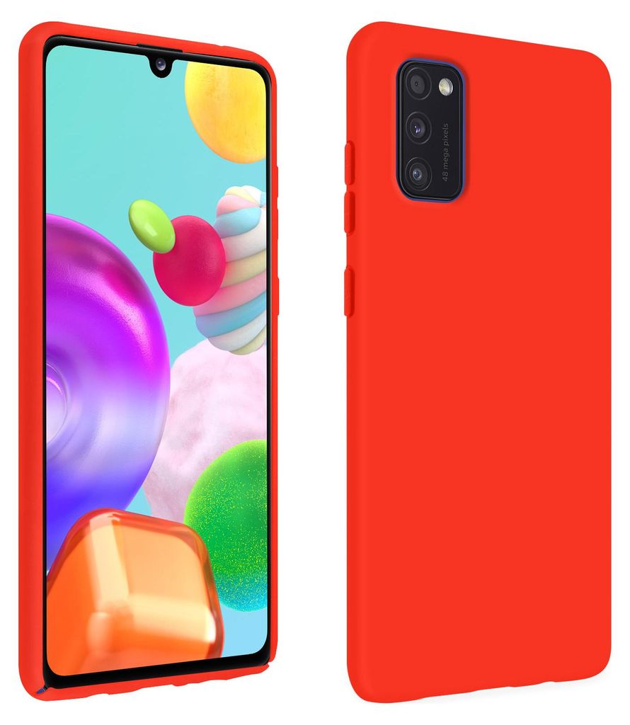 A product image showing a red silicone phone case for a Samsung Galaxy A41. The phone case is shown from two angles: front and back.