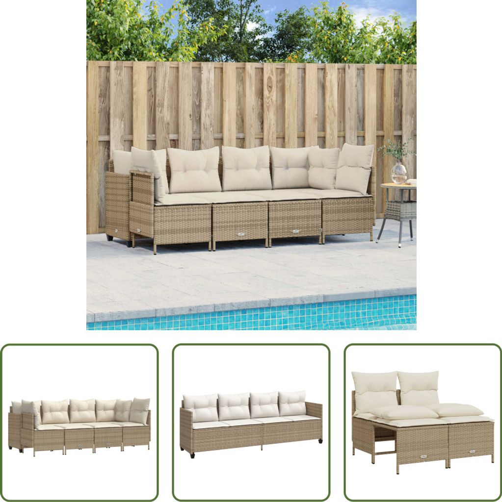 The Living Store 5-tlg. Garten-Sofagarnitur mit Kissen Beige Poly Rattan