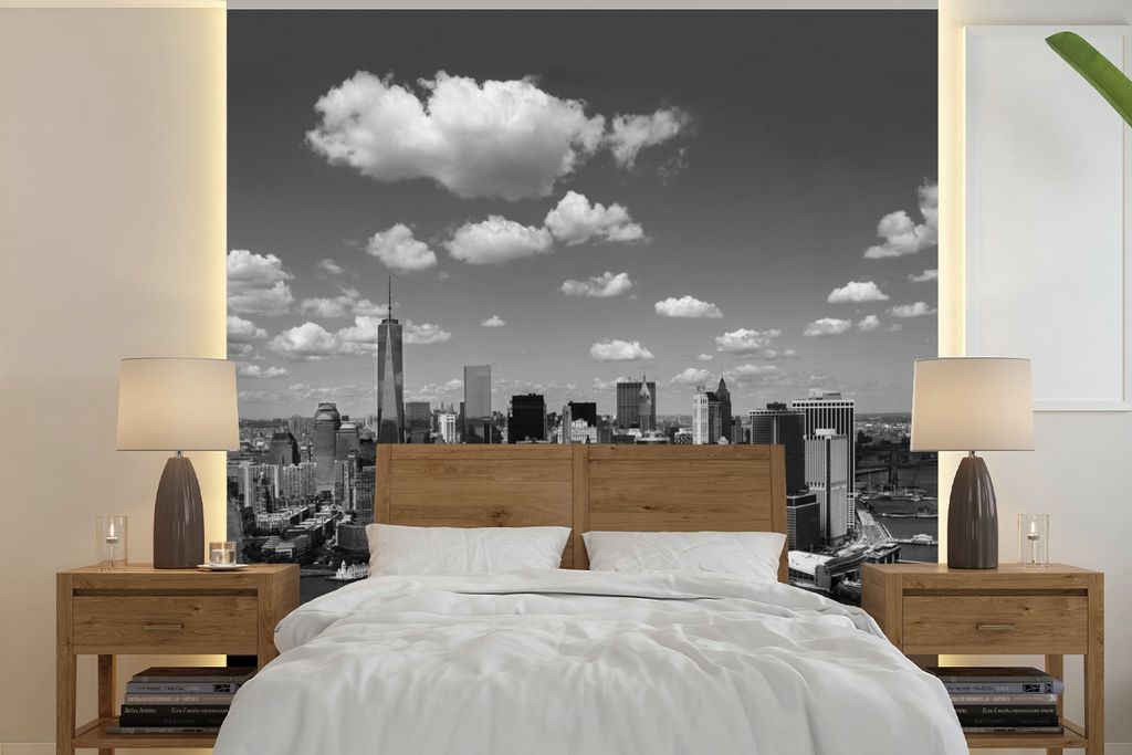 MuchoWow Fototapete für Wohnzimmer oder Schlafzimmer Wandtapete Vinyl Motivtapete Manhattan Skyline schwarz und weiß - 300x300 cm - Wanddekoration