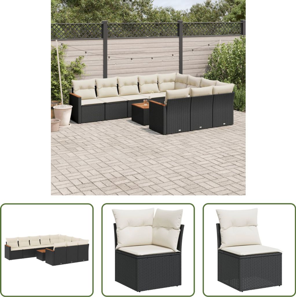 The Living Store 11-tlg. Garten-Sofagarnitur mit Kissen Schwarz Poly Rattan