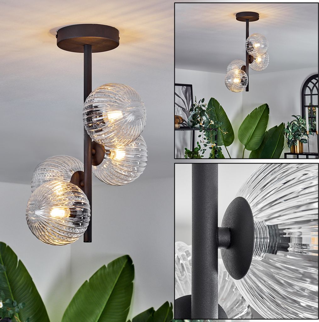 Isorella Deckenlampe aus Metall/Glas in Schwarz/Klar in Riffel-Optik