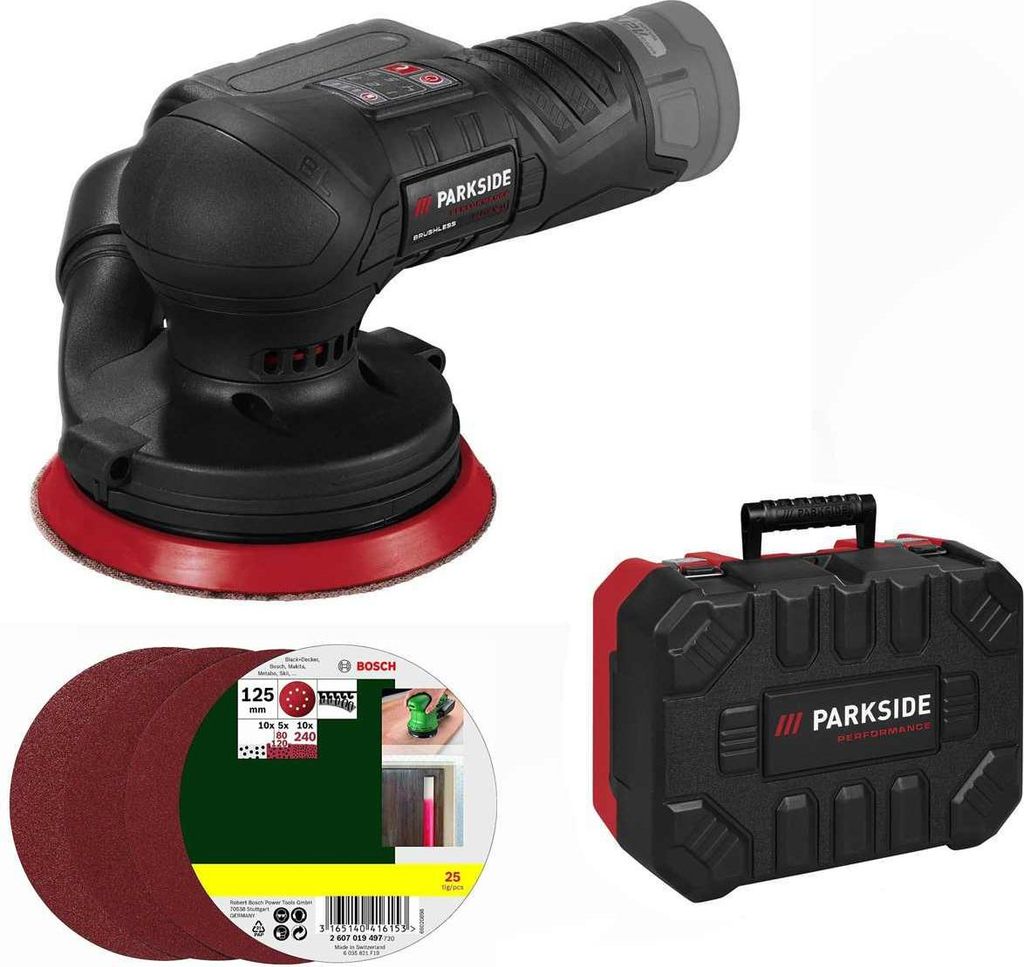 A collage of a cordless orbital sander, a case, and sanding discs.