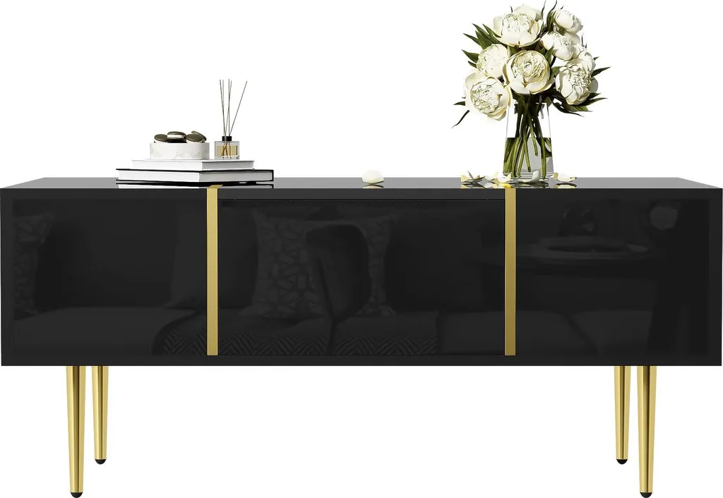 Table Basse de Salon Noire Laquée avec Rangements et Pieds en Métal