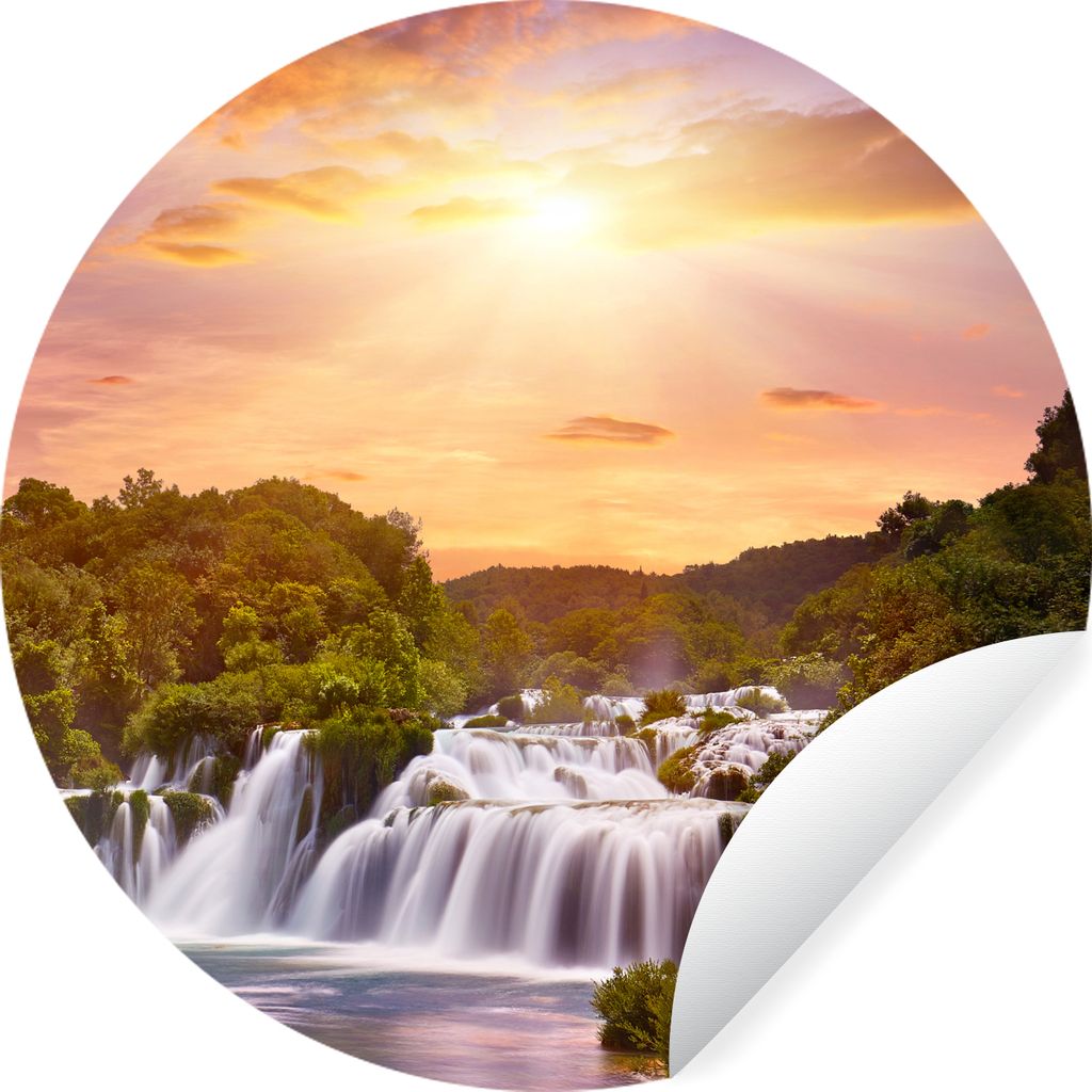 MuchoWow Runde Wandtattoo - Wandsticker Tapete Aufkleber Wasserfall - Landschaft - Sonne - Wolken - Sonnenuntergang Ø 50 cm Selbstklebend und Re...
