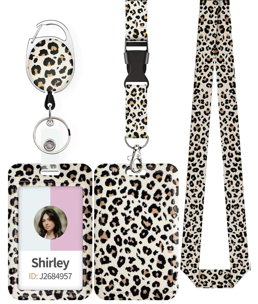 Trendiger, verschiebbarer Ausweishalter mit Leopardenmuster, ausziehbarer Ausweishalter, Karabinerhaken, abnehmbarem Lanyard und Kartenschutz für ...