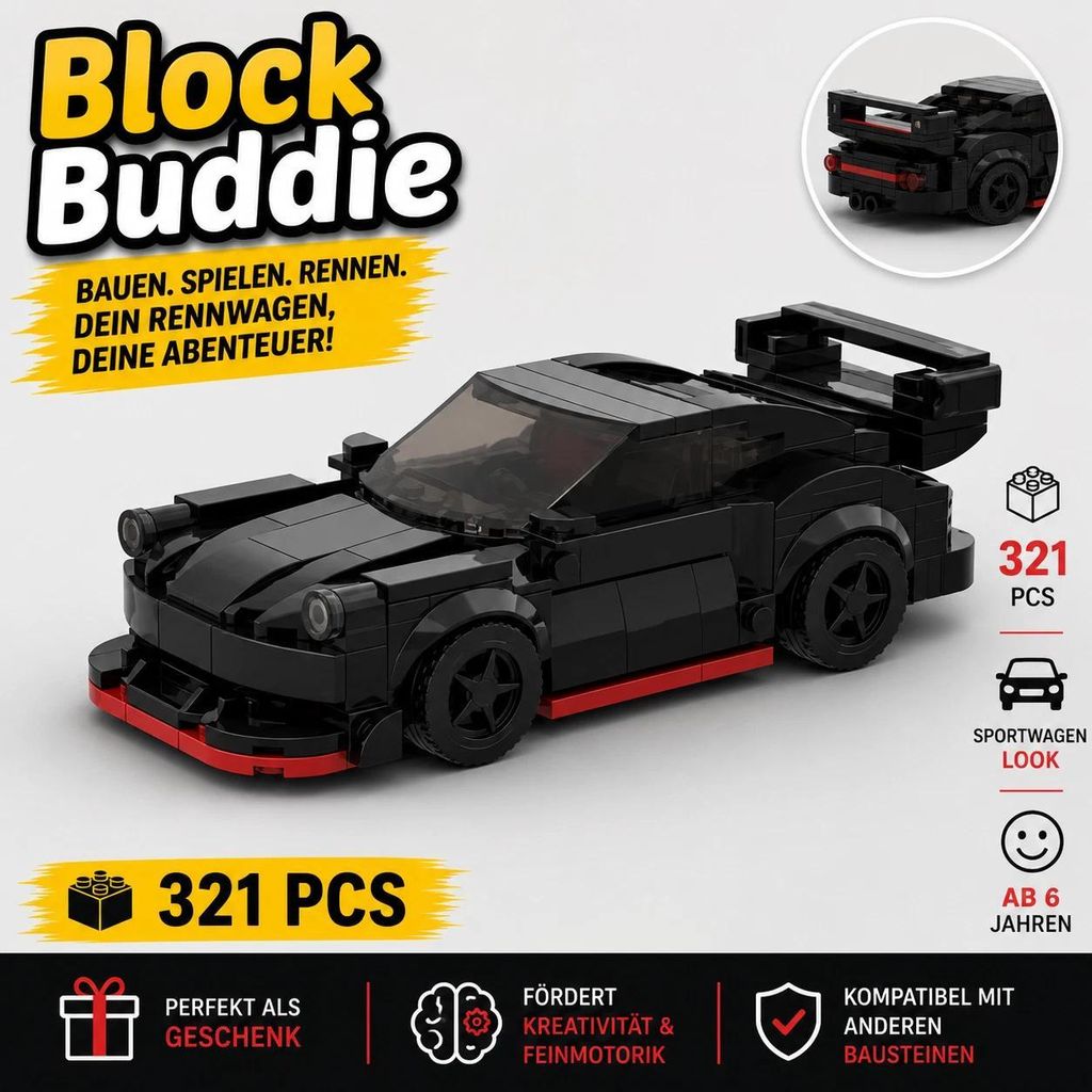 BlockBuddie™ 911 Schwarz Rot inspiriertes Klemmbaustein Produktbild 