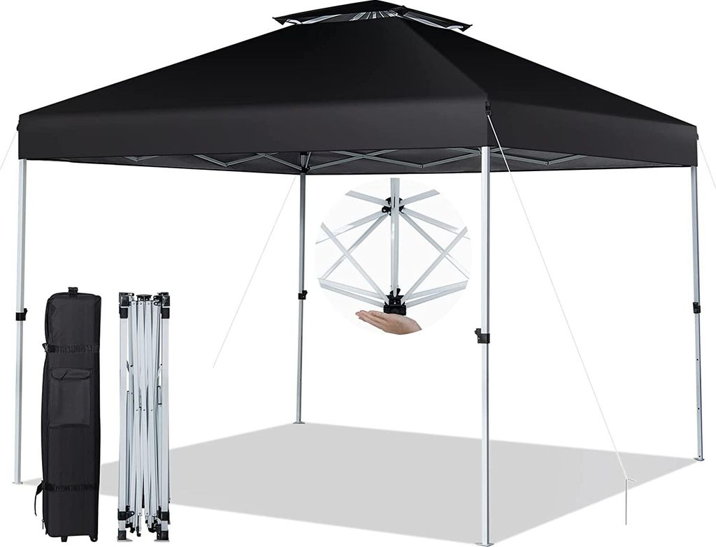 A black pop-up gazebo with its frame and carrying bag shown separately.