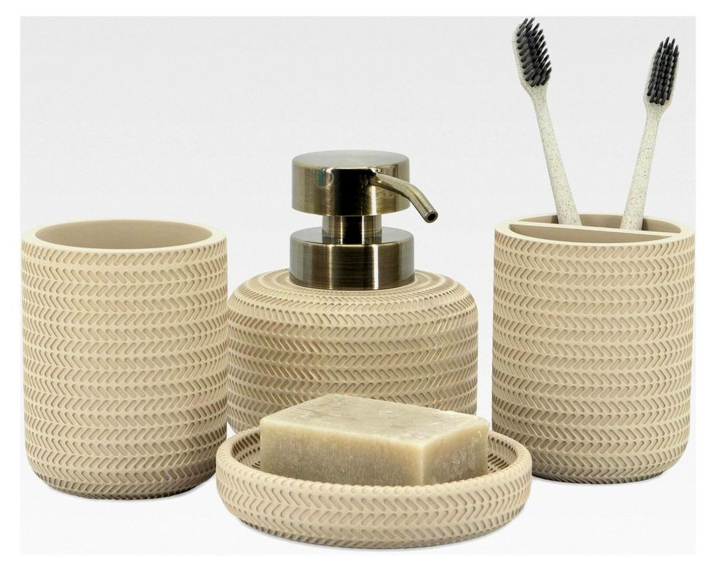 Beige Badezimmer-Accessoires Set 4 Teile - Zahnbürstenhalter, Seifenspender, Ablage, Badezimmerbecher - Countertop Organizer - Badezimmer Zubehör...
