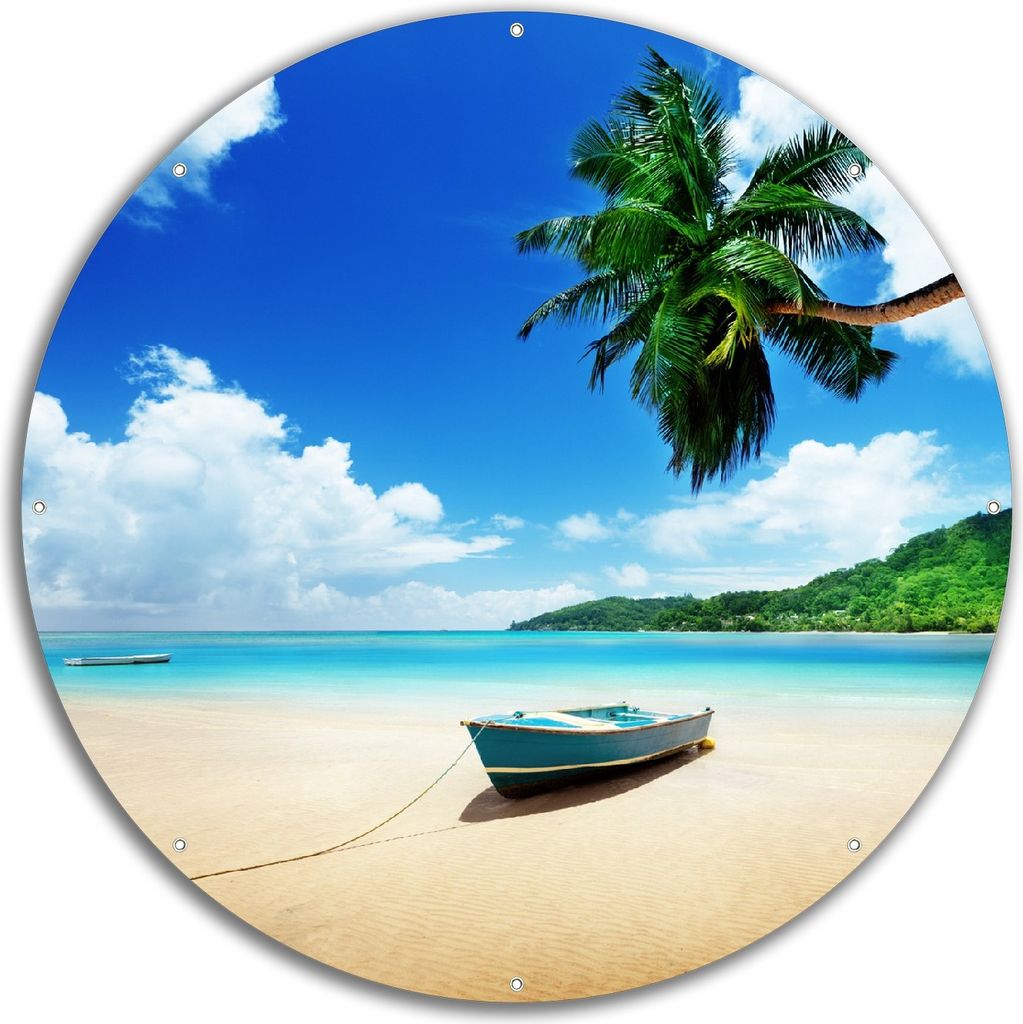 Wallario rundes Outdoor-Poster für Garten oder Balkon, Motiv Urlaub am Palmenstrand unter Palmen mit Fischerboot, 60 cm Durchmesser