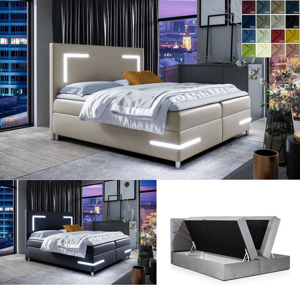 Boxspringbett 180x200 mit 2 Bettkasten DALLAS Hotelbett Doppelbett Polsterbett mit Matratze und Topper LED große Farbauswahl weiß grau schwarz beige
