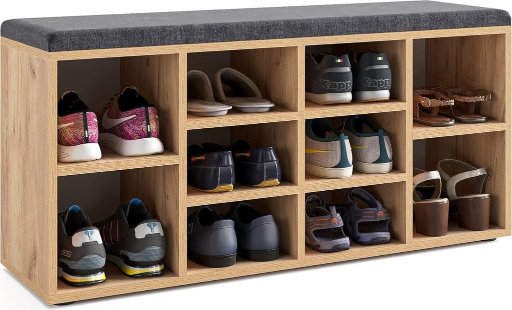 KOMTO Schuhbank mit Sitzfläche - Schuhregal Schuhschrank mit Sitzbank Flur Bank mit Stauraum Garderobenbank Sofia 104 x 50 x 30 cm Honig