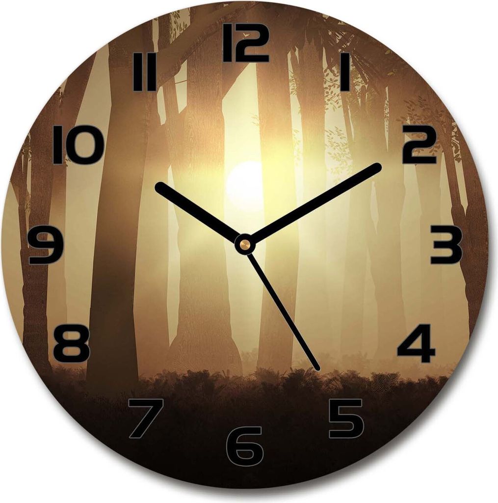 Wanduhr aus Glas 30fi Glasbild Glasuhr Gehärtetes Glas - schwarze-zeiger - Fog in the forest
