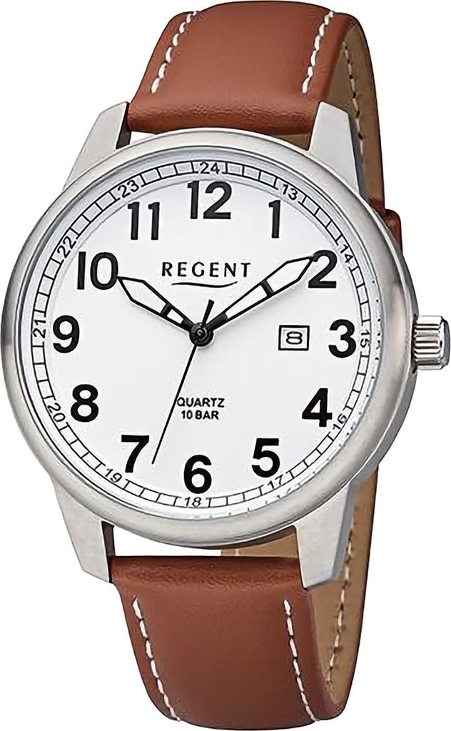 Regent Leder Herren Uhr Armbanduhr Quarz braun weiß Lederarmband D2URF1256