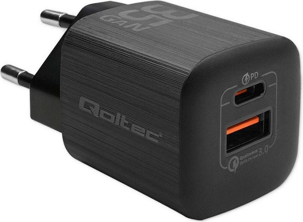 Qoltec 50764 Ladegerät für Mobilgeräte Laptop Tragbare Spielekonsole Powerbank Smartphone Smartwatch Tablet Schwarz AC Schnellladung Drinnen