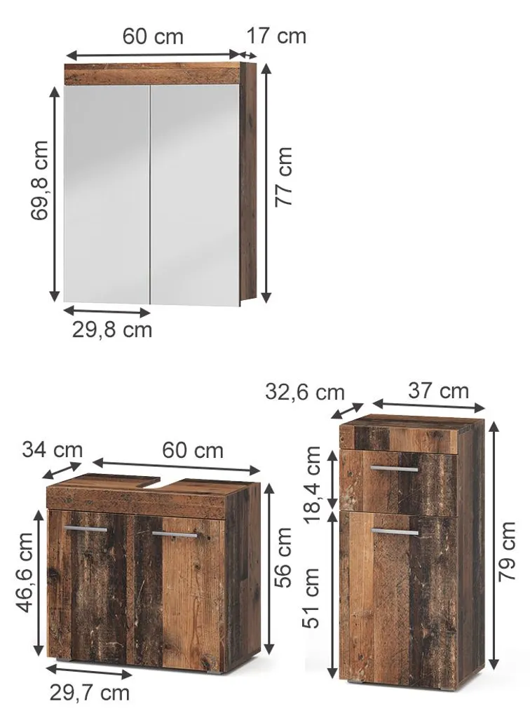 Meubles salle de bain Vicco Luna Oldstyle 3 pièces finition robuste
