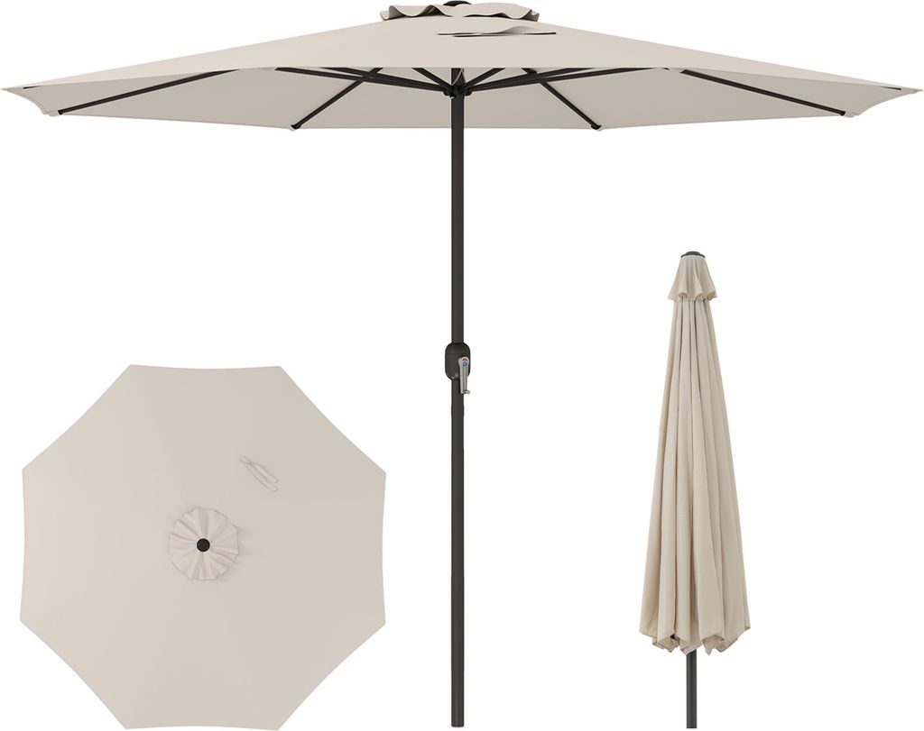 A beige patio umbrella is shown in three different views: fully open, closed, and a top-down view of the canopy.