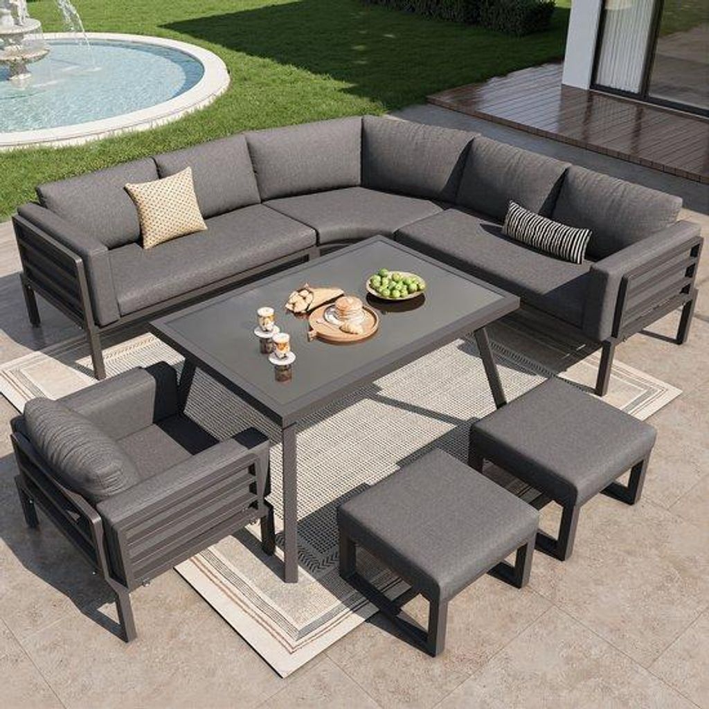 Halbrunder Gartenstuhlset für 8 Personen / Stabiles Metallrahmen mit grauen Kissen / Komplett mit Glas-Tisch, 1 Sessel und 2 Stühlen / Wetterbest...