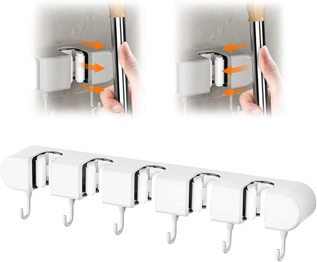 Besenhalter – 5 Halterungen + 6 Haken – kein Bohren erforderlich – Bad/Küche/Garten – weiß