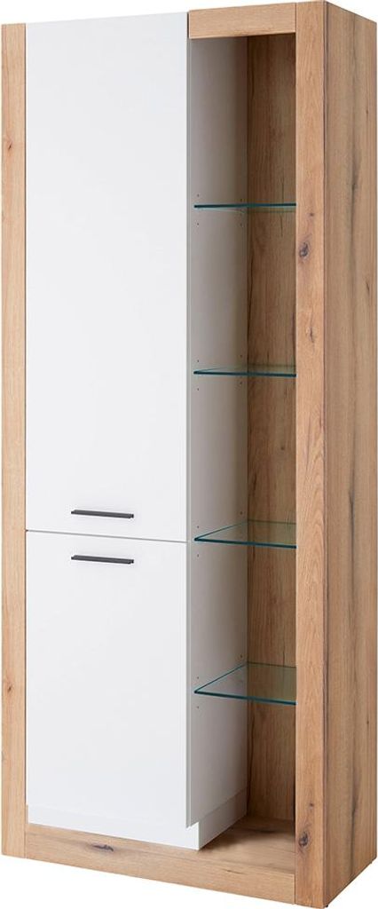 Wohnzimmer-Vitrinenschrank 80 cm breit in Eiche mit weiß matt, 2 Türen, Glaseinlegeböden BELLAGIO-61