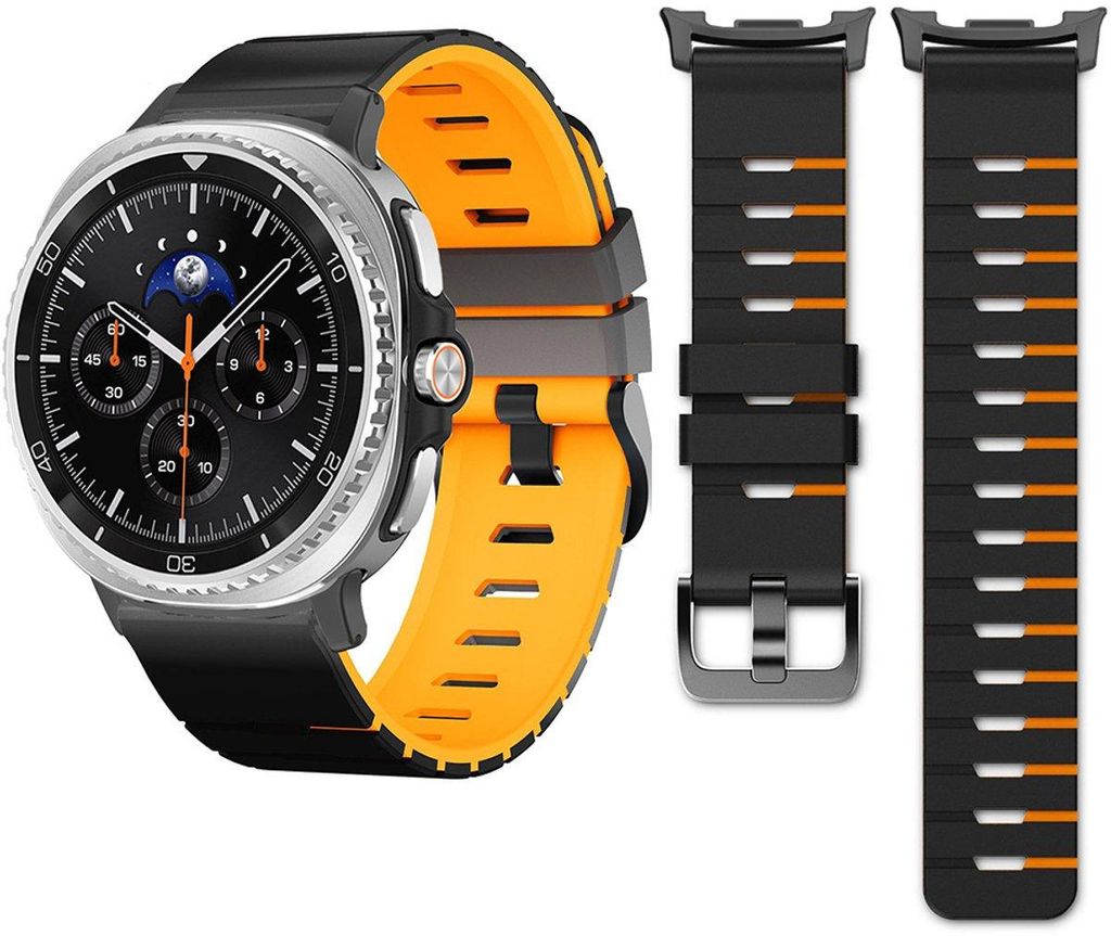 FFO2World Silikon-Uhrenarmband in Klaviertastenoptik für Samsung Galaxy Watch 8 40/44 mm & Classic 46 mm – Sportlich, zweifarbig Schwarz/Orange