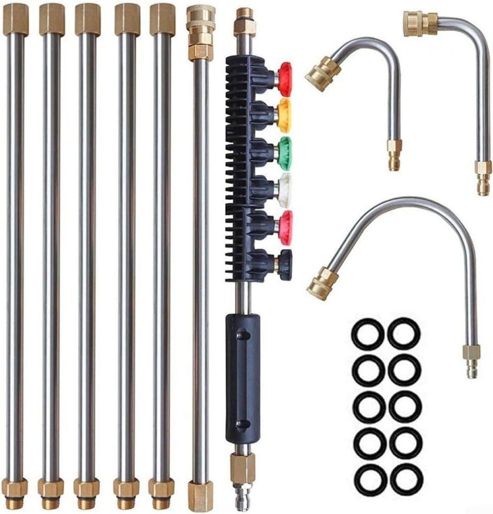 Hochdruckreiniger-Verlängerungsstab-Set mit 5 Düsen, 1 Dachrinnenreinigungswerkzeug, gebogenem Griff, 1/4-Zoll-Schnellanschluss, 4000 PSI