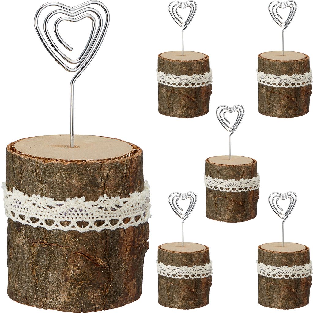 6er Set Foto-/Kartenhalter Holz Metall Polyester 5x12cm Tischschildständer Bildhalterclip Baumstamm-Optik rustikal