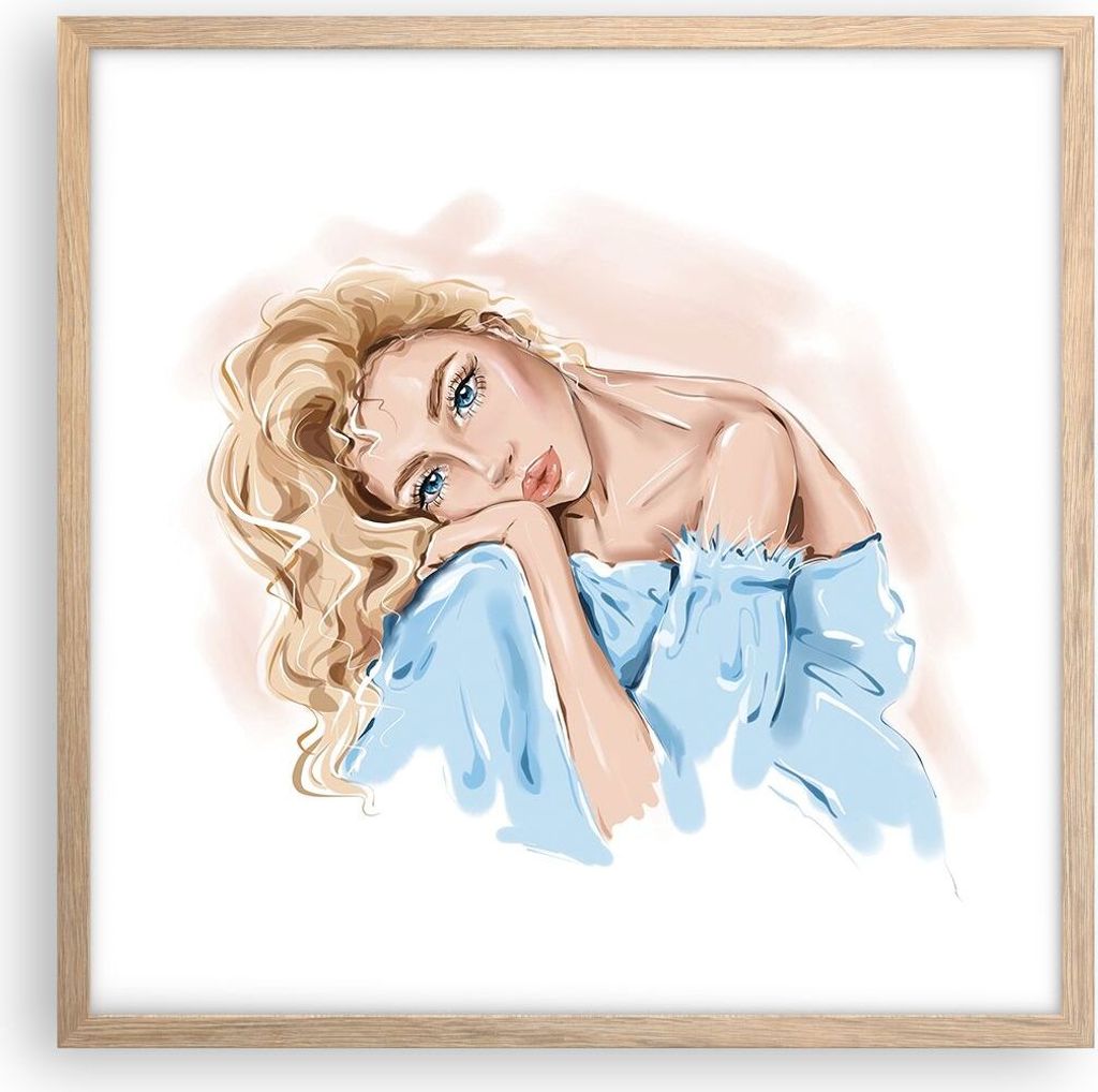 Gerahmtes Poster - Rahmen in heller Eiche - Nachdenklich Frau Blond - 50x50 cm - Wand Bild - Wanddeko - Wandbilder - Kunstposter - Wandposter - Bil...