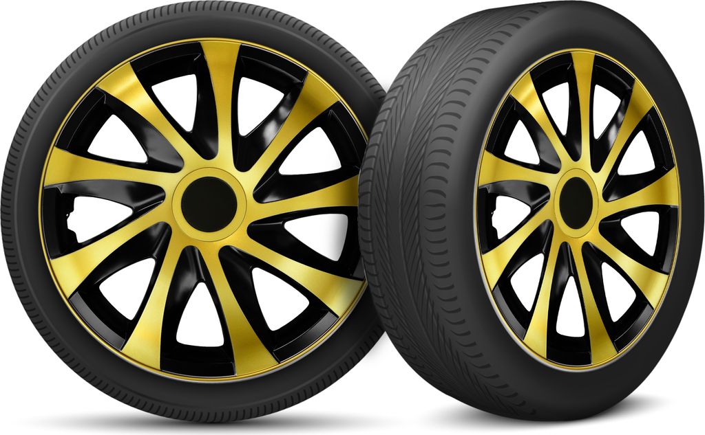 Auto Radkappen Radzierblenden 4er Set passend für alle Stahlfelgen - einstellbarer Sicherungsring - 14 Zoll - Gold Schwarz