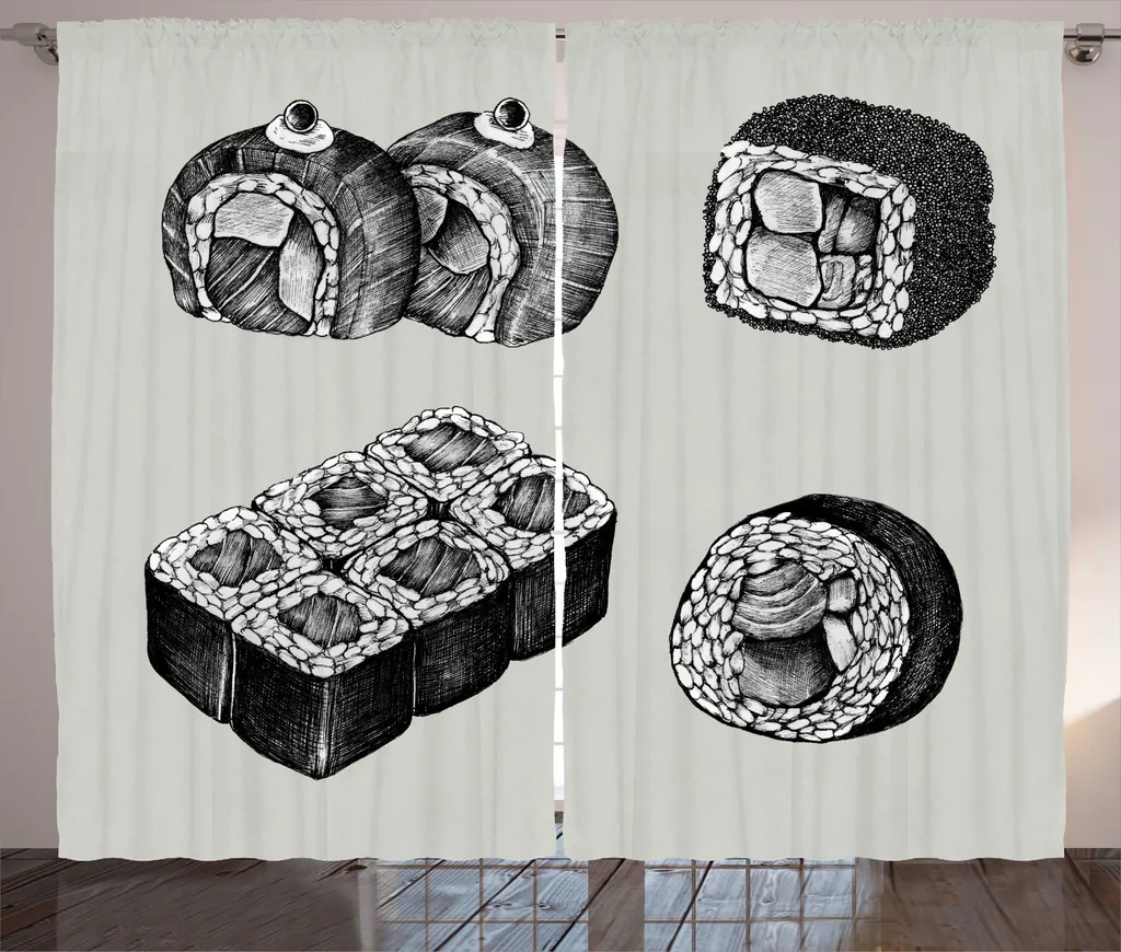 Rideaux Universels pour Salon Motif Sushi Japonais Gris et Taupe Pâle