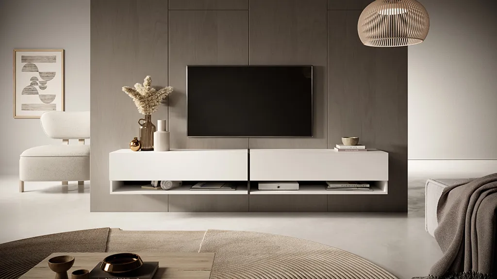 Meuble TV Mirrgo 200 cm blanc avec inserts graphite effet bicolore - 4