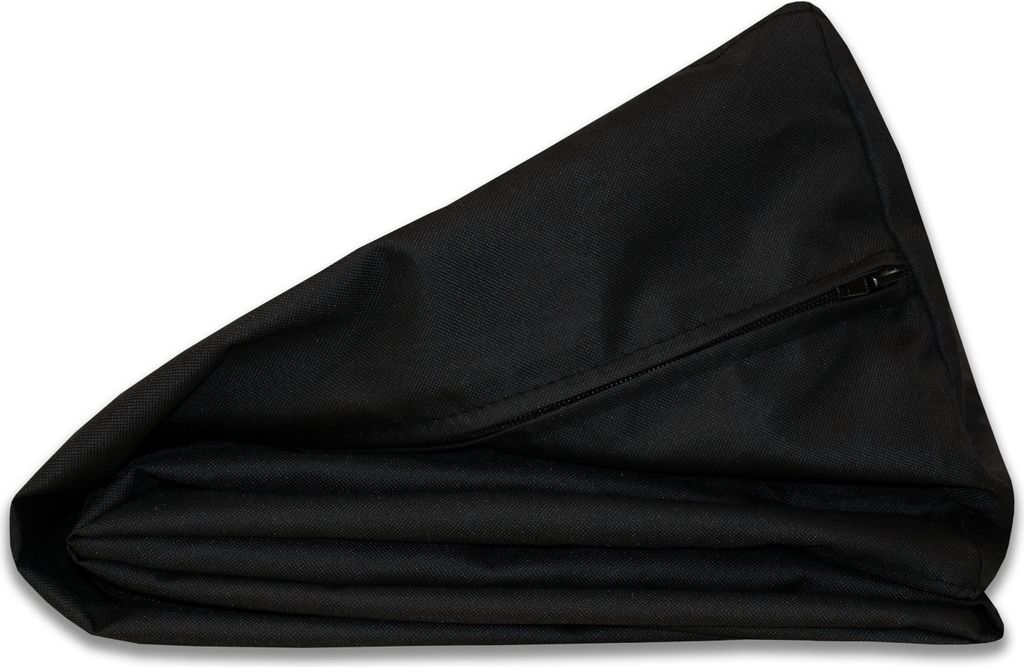 A black pillow cover is folded and lying on a white background.
