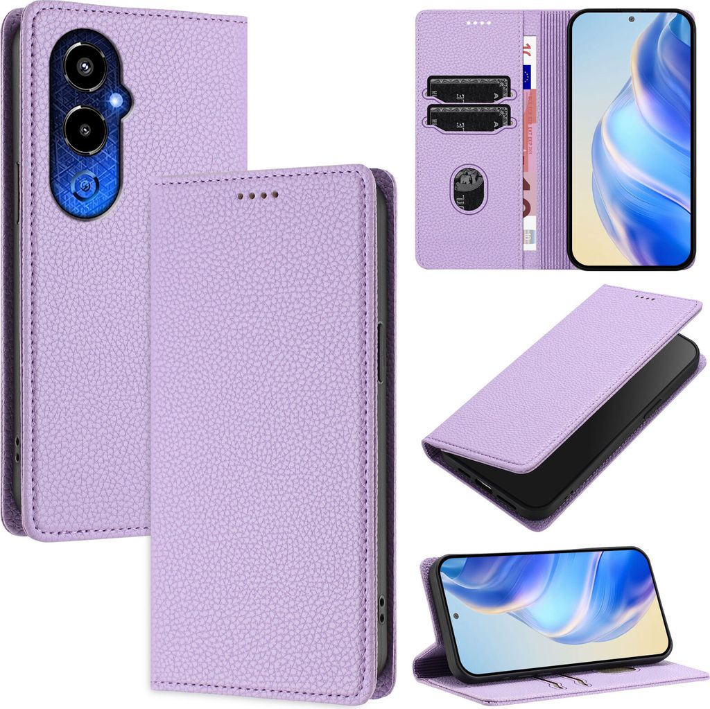 Litchi Leder Handyhülle für Tecno Pova 4 Pro Wallet Kartenfächer Standfunktion Hülle Violett