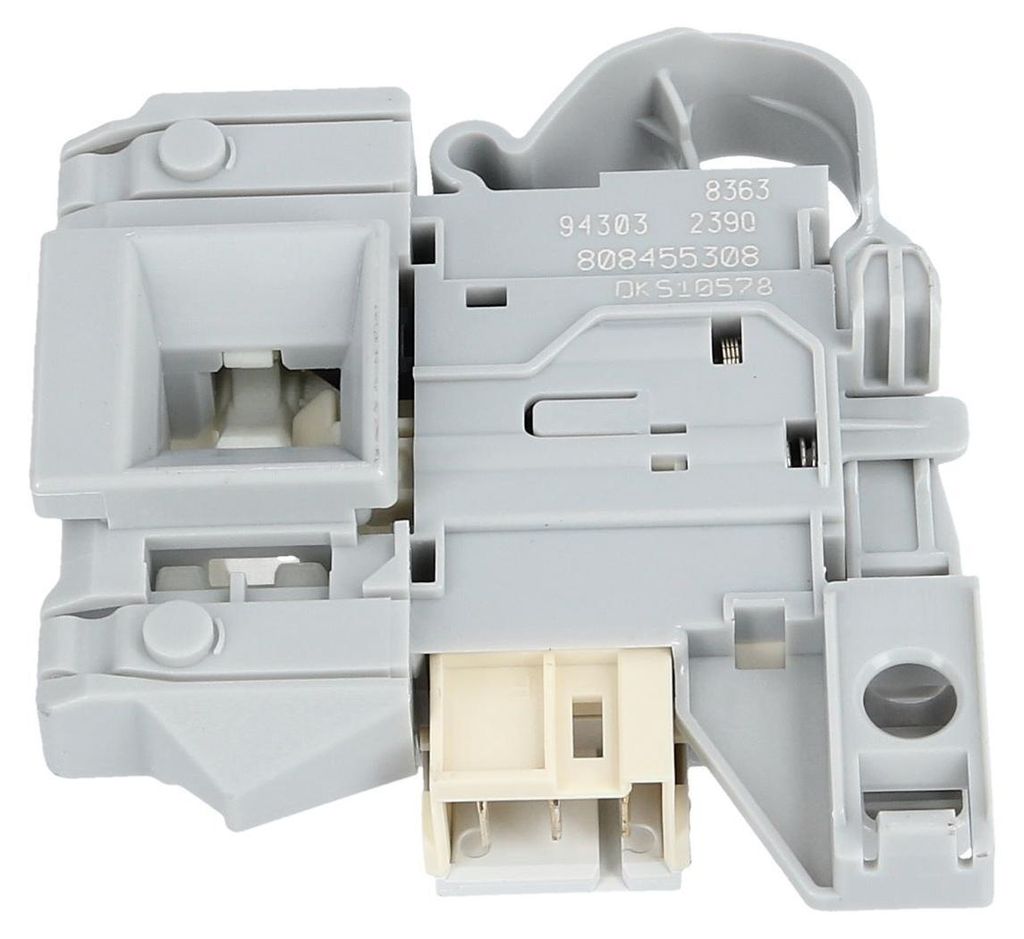 A close-up studio shot of a gray dishwasher door lock mechanism.
