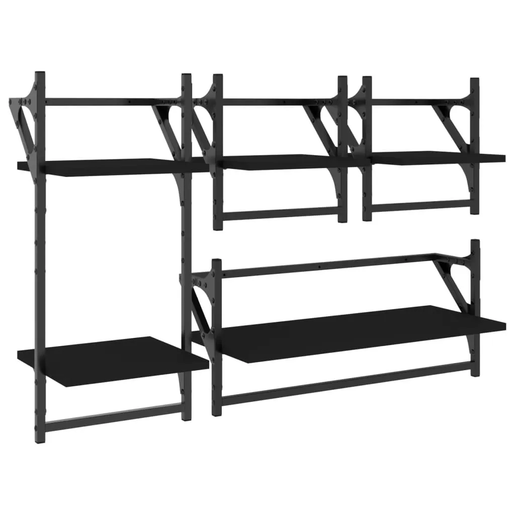 Scaffali a Muro 4 Pezzi Legno Nero | Mensole con Aste Rinforzate