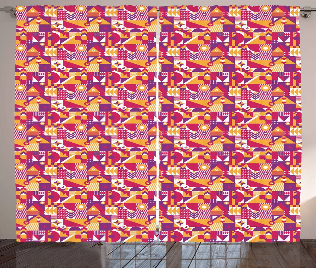 ABAKUHAUS Tenda geometrica rustica, motivo mosaico moderno, tenda con passanti e ganci per camera da letto, 280 x 245 cm, arancione pallido magenta
