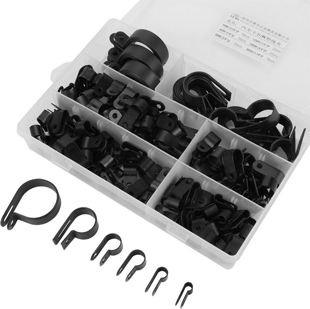 200 Stück Nylon-Kunststoff-P-Befestigungsclips, sortierte Box für Kabelkanal-Sets (Schwarz)