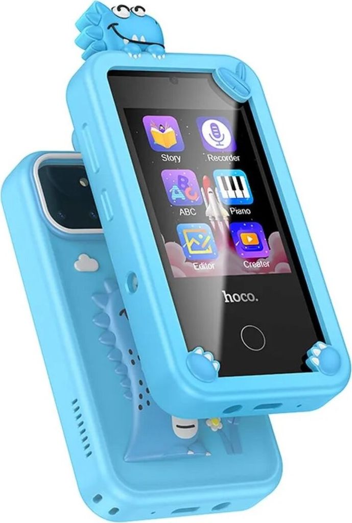 A blue children's smartphone with a dinosaur case is shown at an angle.