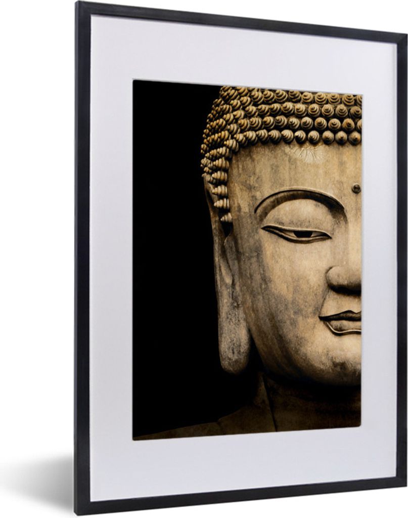 MuchoWow MuchoWow Gerahmtes Poster Buddha-Kopf - Statue - Schwarz 30x40 cm - Poster mit zchwarzem Bilderrahmen - Wandposter Schlafzimmer