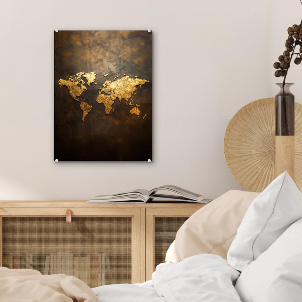 MuchoWow Glasbilder - Bilder auf Wandbild - Foto auf Glas Weltkarte - Gold - Rost 30x40 cm Wanddekoration aus Glas - Acrylglasbild - Acrylbilder - ...
