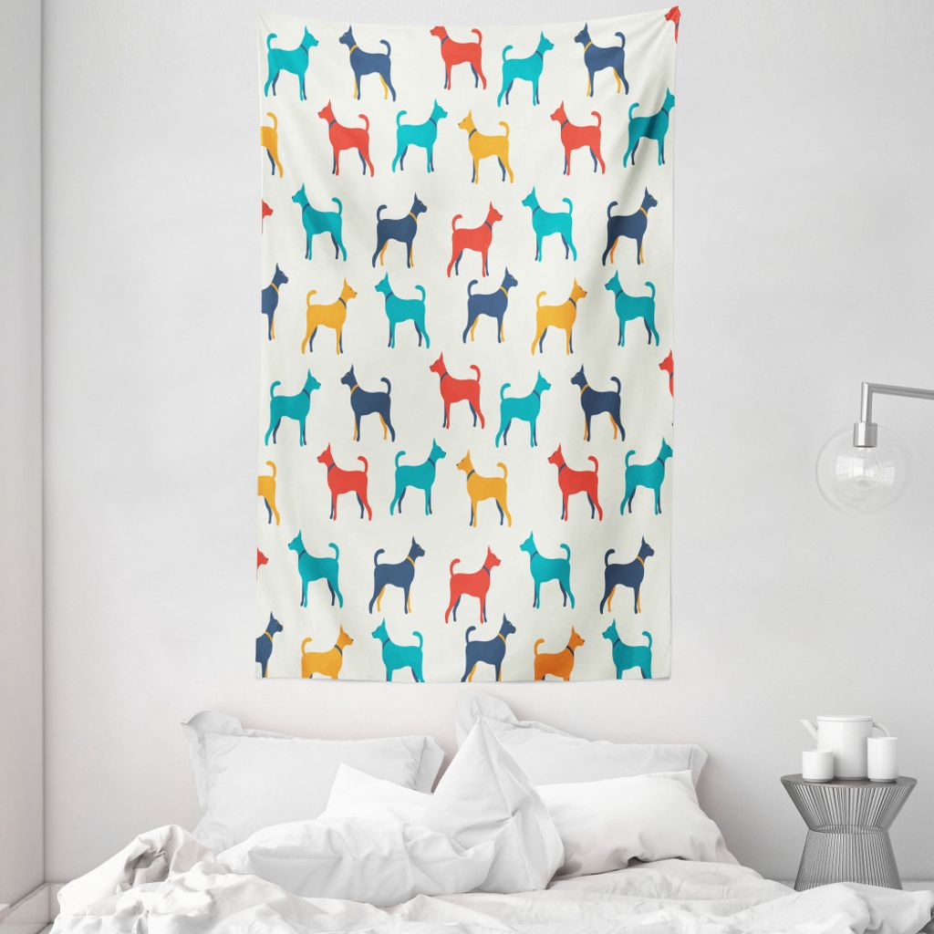 ABAKUHAUS Bunt Wandteppich und Tagesdecke, Retro Dog aus Weiches Mikrofaser Stoff Waschbar ohne Verblassen Digitaldruck, 140 x 230 cm, Grau Teal Rot
