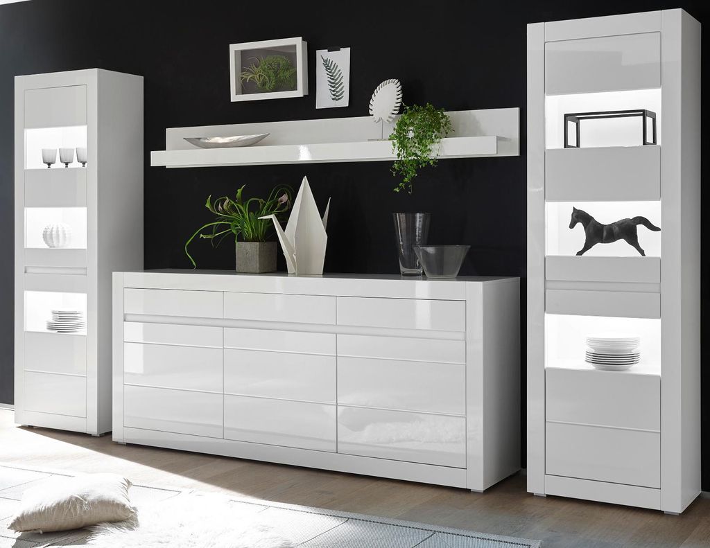 Wohnwand "Nobile" in Hochglanz weiß und Stone Design grau Anbauwand 4-teilig 369 x 198 cm